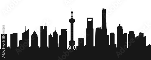Shanghai skyline vector illustration, Oriental Pearl Tower silhouette, modern cityscape skyline, Chinese metropolis landmark, minimalist black and white urban skyline art