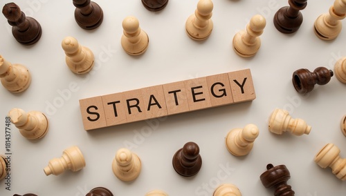 Chess Pieces Surround the Word Strategy on a Light Background During a Game S...