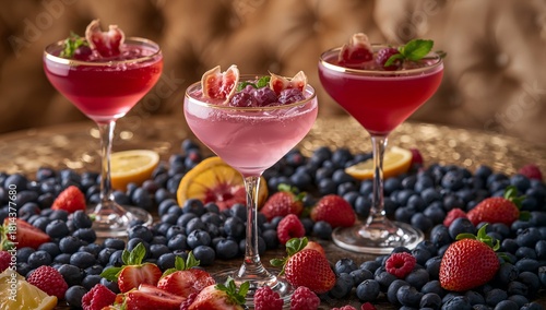 Colorful Cocktails With Fresh Berries and Fruits Arranged on a Gold Table