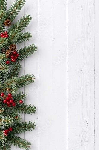 Festive Evergreen Branches Adorned With Red Berries and Pinecones on a White ...