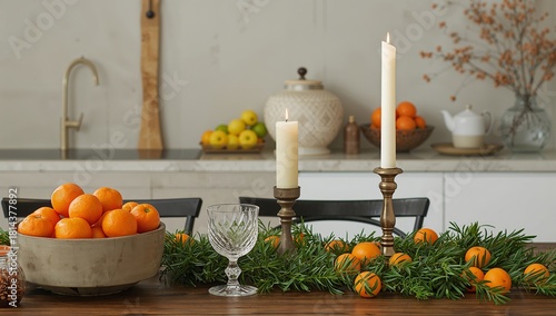 Holiday Table Setting With Oranges and Candles in a Cozy Kitchen
