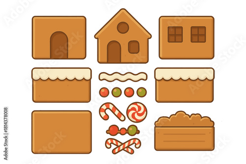 Construction kit components for gingerbread house and assorted Christmas candy pieces