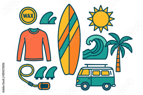 Colorful collection of surfing gear and beach vacation elements including surfboard, van, and palm tree