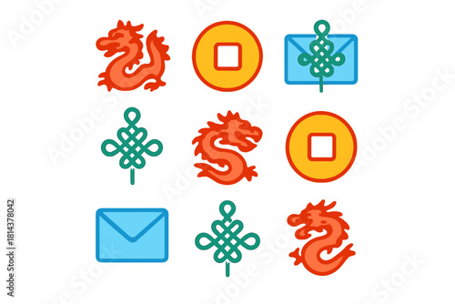 Traditional Chinese New Year and Lunar Festival symbols with dragons, ancient coins, and mystic knots