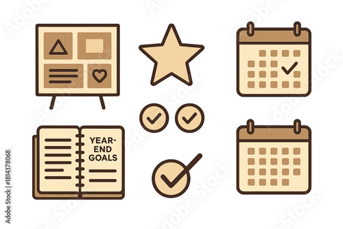 Icon set for business planning scheduling goal achievement and success