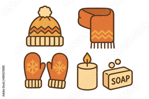 Cozy winter essentials set with knitted hat scarf mittens candle and soap