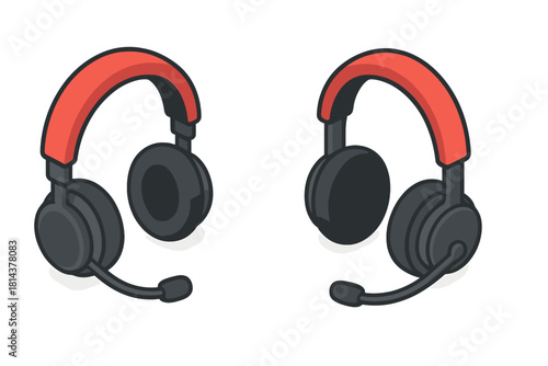 Pair of modern red and black gaming headsets with boom microphones in isometric view