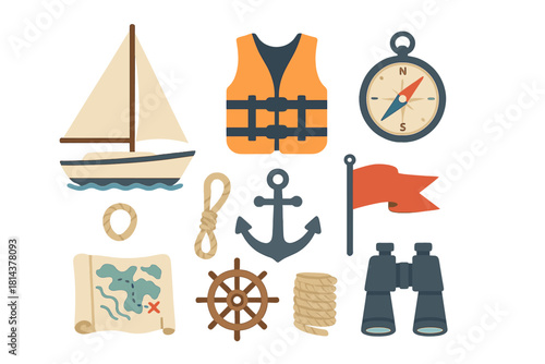 Essential maritime objects set featuring sailboat, life vest, anchor, compass, ship wheel, and navigation map