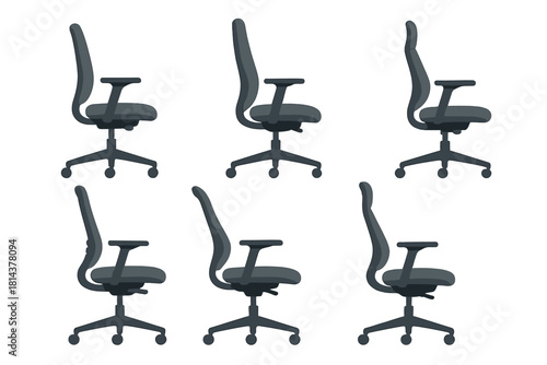 Six modern ergonomic office chairs with adjustable armrests and rolling casters arranged on a white background