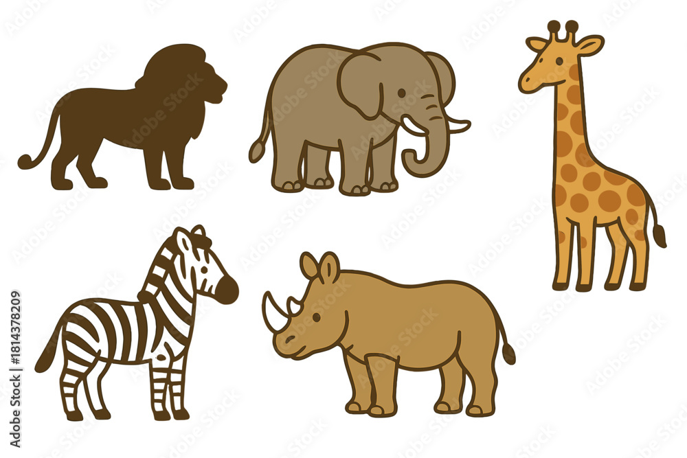 Obraz premium Cute African safari animals set including lion elephant giraffe zebra and rhino