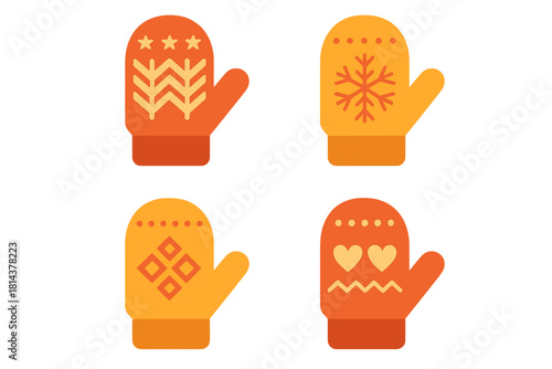 Four colorful winter mittens with knitted patterns for cold weather protection