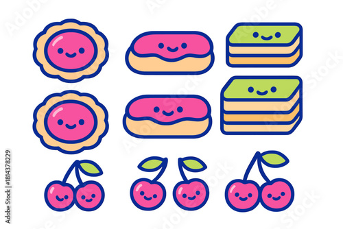 Cute kawaii dessert and fruit sticker set featuring smiling pastries and bright pink cherries