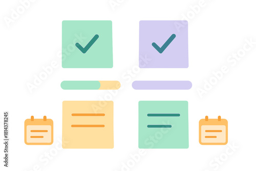 Colorful set of user interface elements, checkboxes, progress bars, notes, and calendar icons for web and app design