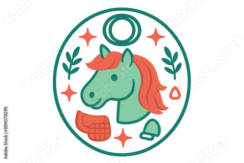 Smiling horse head emblem with flowing mane, circular frame, and equestrian accessories