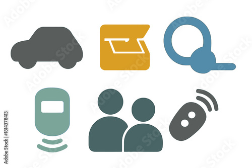 Modern flat symbols for transportation, search, user profiles, and remote key