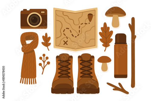 Autumn hiking and camping essentials set with boots, map, camera, scarf, and natural elements