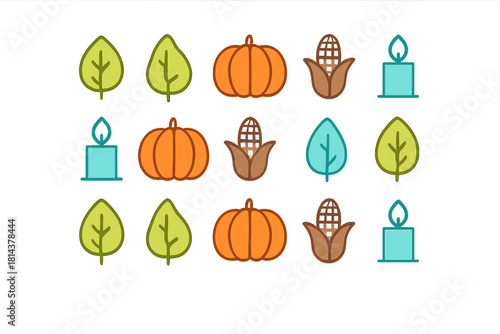 Simple flat elements for fall season and Thanksgiving holiday featuring pumpkins and foliage