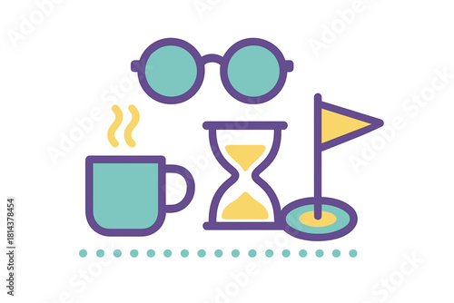 Coffee mug, round glasses, hourglass, and flag icon set representing daily routine and objectives