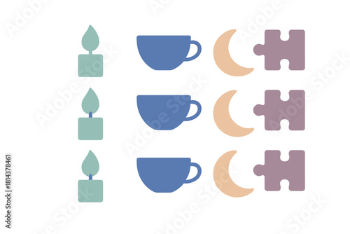 Minimalist repeating design of candle, coffee cup, crescent moon, and puzzle piece symbols