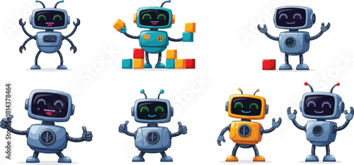 Cartoon Robot Characters with Funny Faces – Cute Robots Waving, Dancing, Smiling, Holding Blocks Vector for Kids, Technology, Education Design