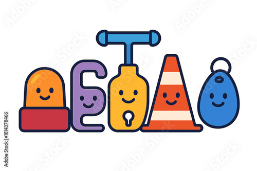Row of cheerful cartoon icons featuring a traffic cone, siren light, and key fob