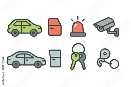 Security and automotive access symbols featuring cars, doors, siren, camera, keys, and remote fob