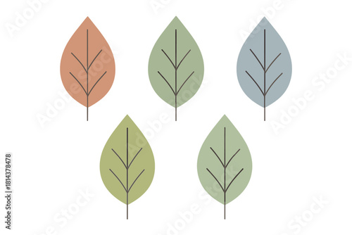 Five stylized leaves in muted autumn and spring colors