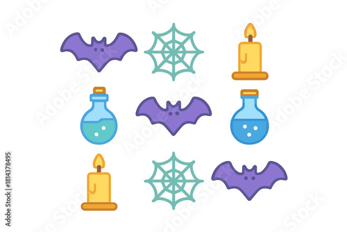 Spooky Halloween icon collection featuring purple bats, teal spiderwebs, yellow burning candles, and blue potion bottles