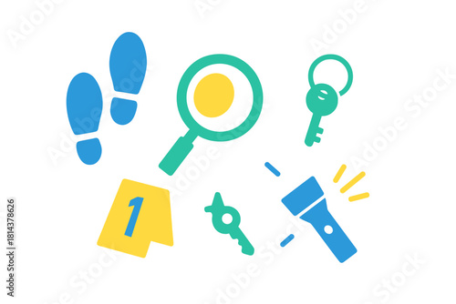 Forensic evidence and detective tools set including footprints, magnifying glass, keys, and flashlight