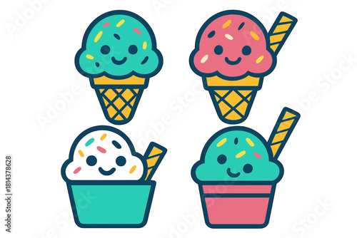 Four adorable cartoon ice cream desserts with happy faces, colorful sprinkles, and waffle cones