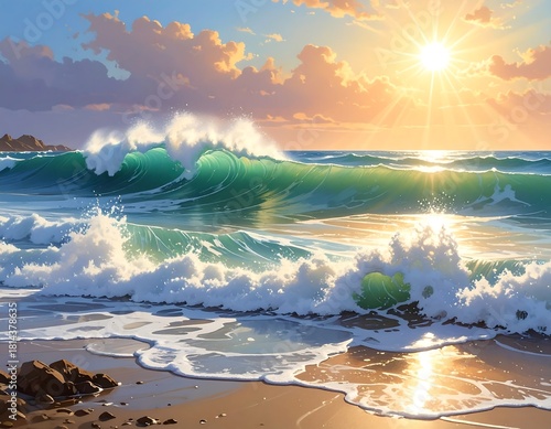 Vibrant ocean waves crashing on shore under a bright sunlit sky landscape