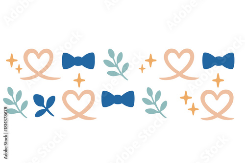 Cute decorative border pattern with hearts bow ties and botanical elements