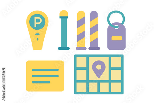 Flat design symbols for parking services location, navigation, and access control systems