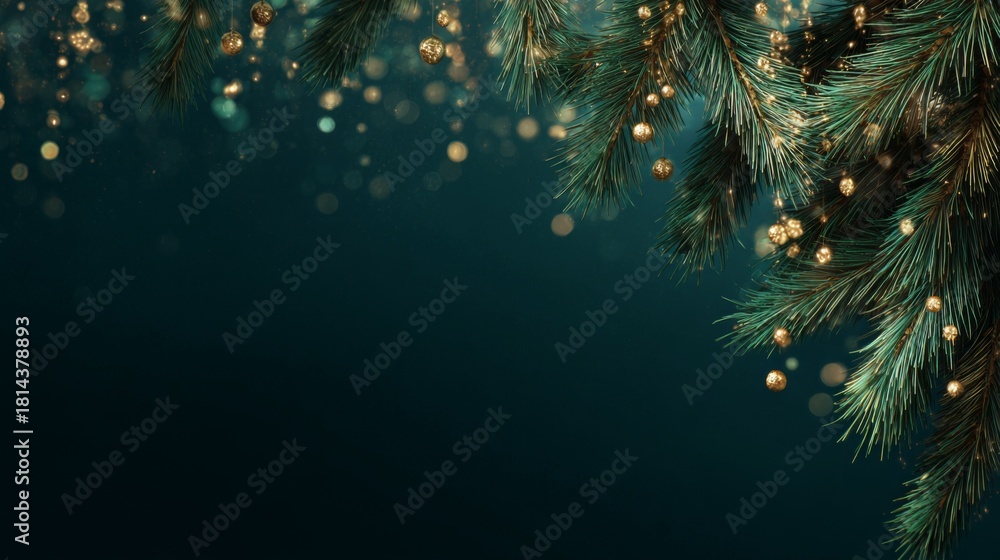 Fototapeta premium Christmas background with pine branches and golden lights on dark green backdrop