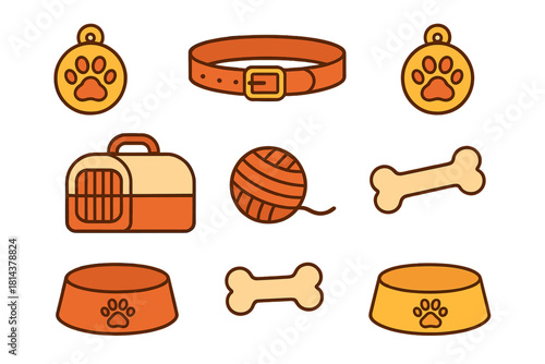 Essential pet care accessories set including collar, identification tag, travel carrier, food bowls, and toys