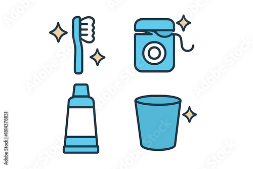 Essential oral hygiene tools set featuring toothbrush, dental floss, toothpaste, and rinsing cup symbols