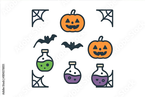 Spooky Halloween icons set featuring carved pumpkins flying bats and bubbling potions