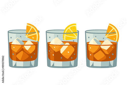 Three identical glasses of amber colored cocktail drink with ice cubes and citrus garnish
