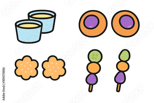Colorful collection of sweet snacks and drinks including dango skewers and flower shaped cookies