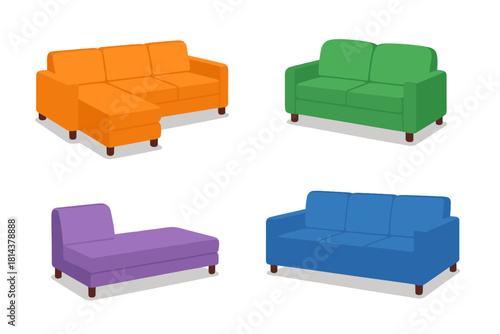 Brightly colored set of modern living room seating furniture including sectional sofa and chaise lounge