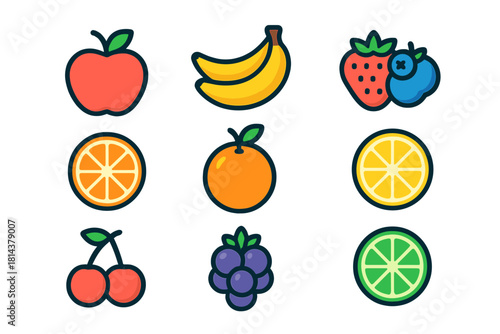 Assortment of healthy fresh fruits and berries depicted as simple icons