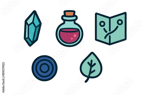 Collection of fantasy role-playing game assets including magic crystal, potion, and quest map