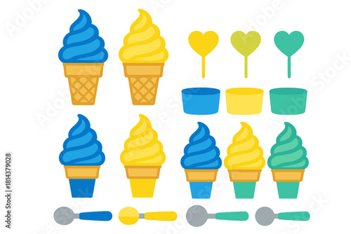 Colorful collection of soft serve ice cream cones, cups, scoops, and heart dessert decorations