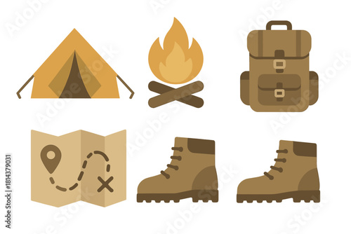 Outdoor adventure and wilderness exploration set featuring tent, campfire, backpack, map, and hiking boots