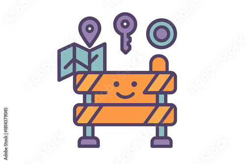 Cheerful construction barrier icon with location pin and restricted access key symbol