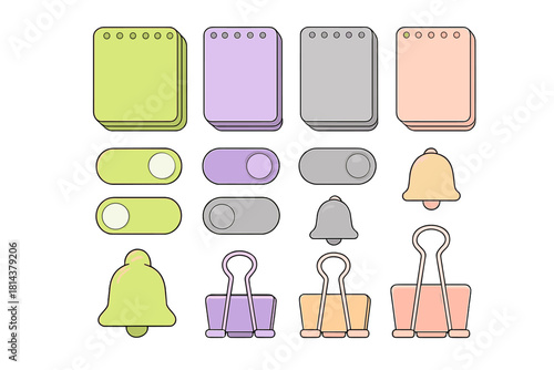 Collection of pastel colored user interface elements and office stationery icons