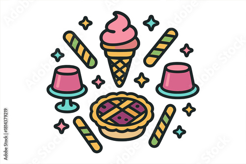 Colorful arrangement of sweet desserts including soft serve ice cream, fruit pie, and various candies