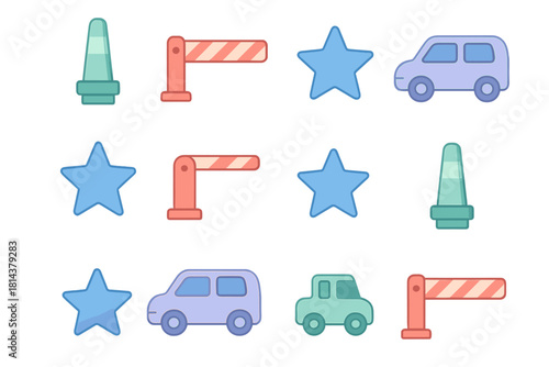 Transportation and road safety elements featuring cars, traffic cones, barrier gates, and decorative stars
