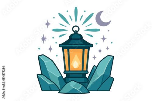Mystical glowing lantern surrounded by large teal crystals under a starry night sky with a crescent moon