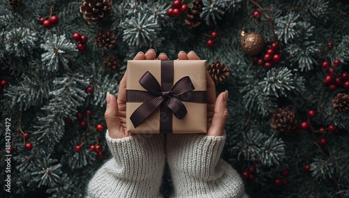 Hands Holding a Wrapped Gift in Front of a Festive Christmas Tree With Red Be...